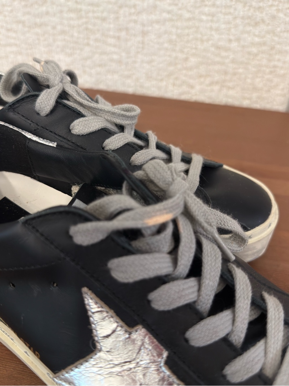 Golden Goose Black Leather Platform Sneakers with Silver Star and Gray Laces - Picture 3 of 5